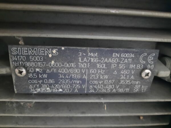 Siemens villanymotor (azonosító:6092) teljesítmény: 18,5kW, fordulat: 2935 - Image 2